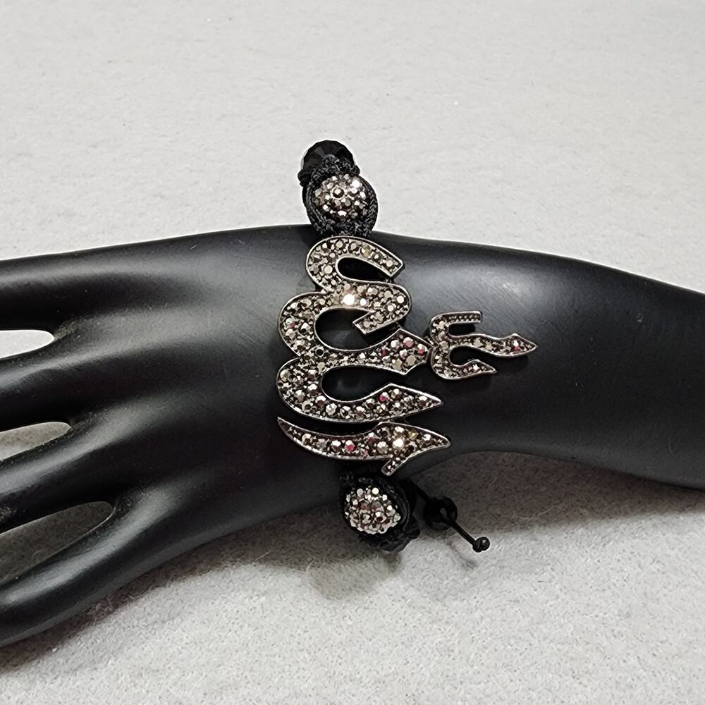 Black Braided Macrame Bracelet With QZ Rhinestone Encrusted Charm Symbol String